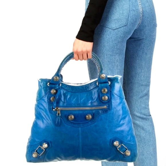 ✨ ELECTRIC BLUE BALENCIAGA GIANT 21 BRIEF BAG WITH SILVER BROGUES ✨ - Picture 1 of 3